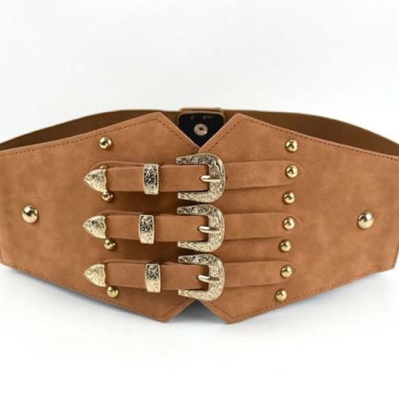 FlorasFantasies Accessories - Camel Gold Vintage Style 3-Buckle Cumberbund Belt - Elastic Back - Snap Closure